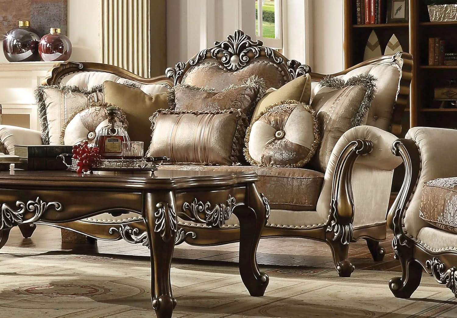 4 Piece Living Room Set Tan And Antique Oak Traditional