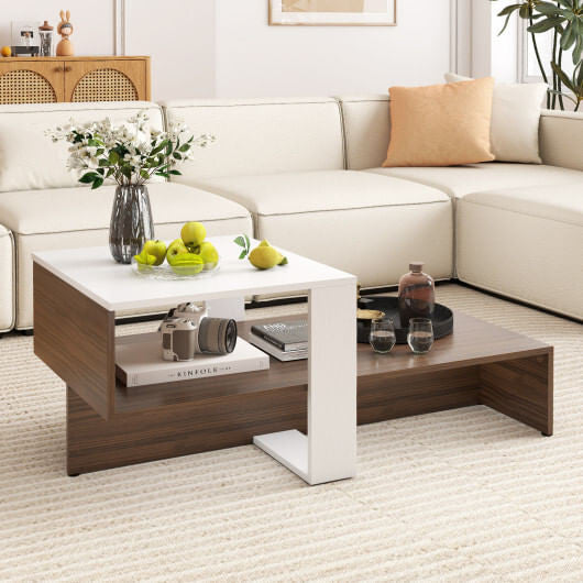2-Tier Geometric Coffee Table with Storage Shelves for Living Room and Reception Room-White and Bro