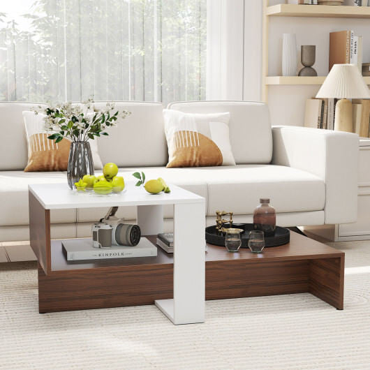 2-Tier Geometric Coffee Table with Storage Shelves for Living Room and Reception Room-White and Bro
