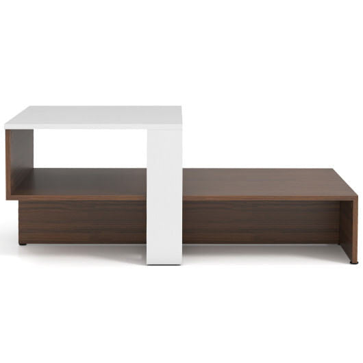 2-Tier Geometric Coffee Table with Storage Shelves for Living Room and Reception Room-White and Bro