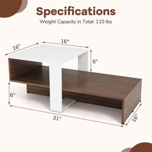 2-Tier Geometric Coffee Table with Storage Shelves for Living Room and Reception Room-White and Bro
