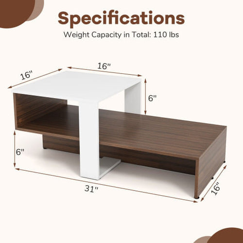 2-Tier Geometric Coffee Table with Storage Shelves for Living Room and Reception Room-White and Bro