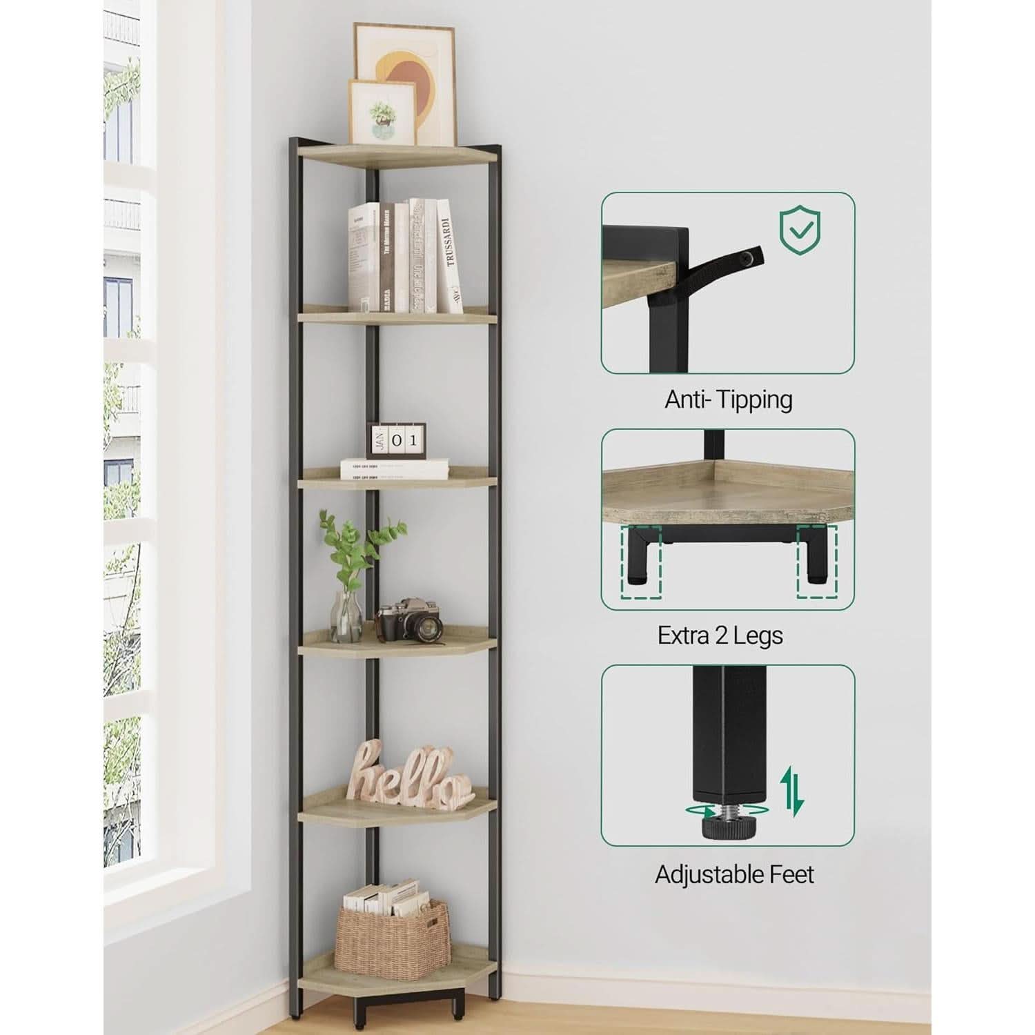 6-Tier Greige Corner Shelf Stand For Living Room And Office