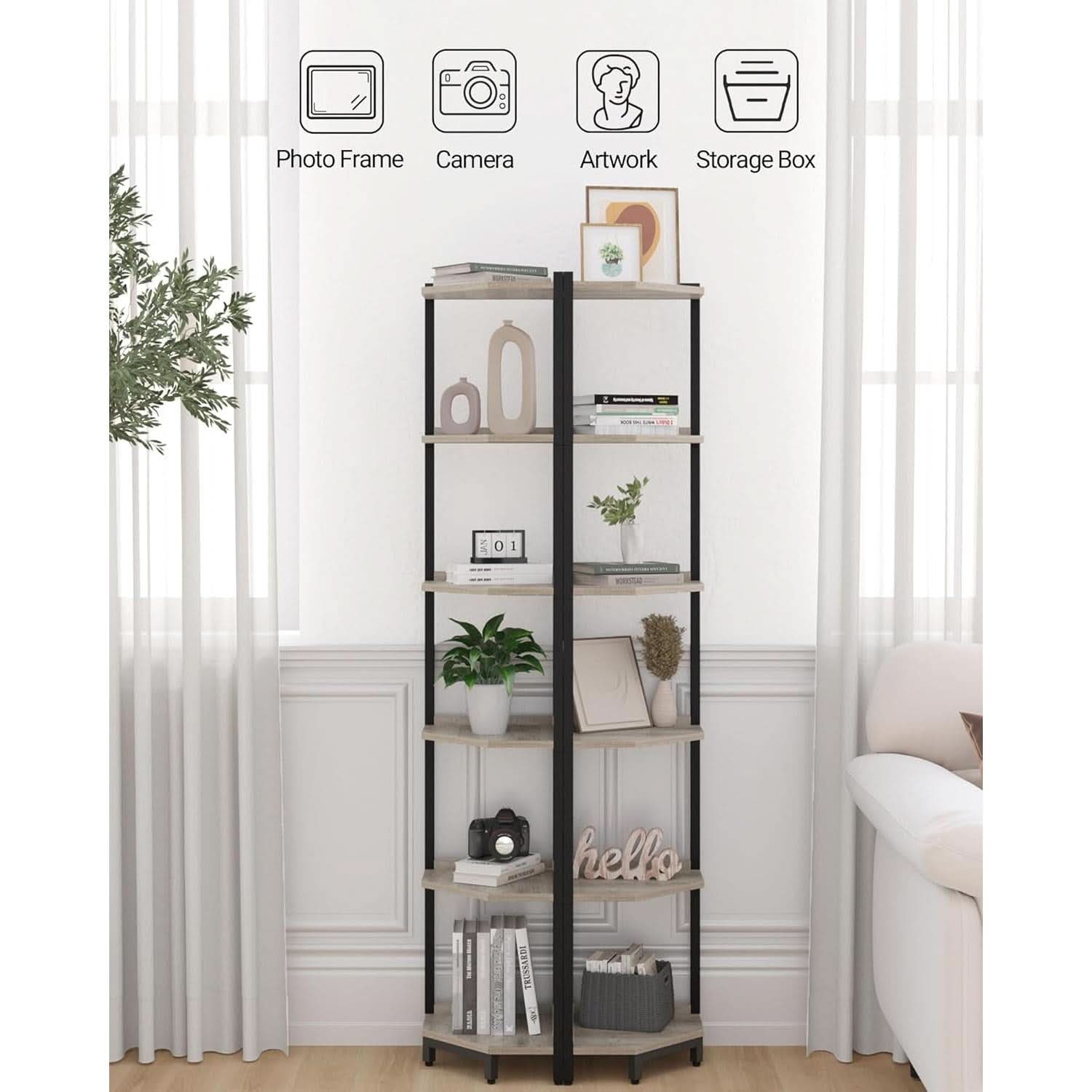 6-Tier Greige Corner Shelf Stand For Living Room And Office