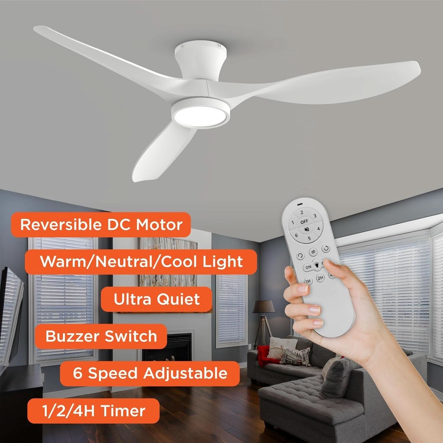 52 Inch Ceiling Fan With Remote And Quiet DC Motor For Bedroom And Living Room
